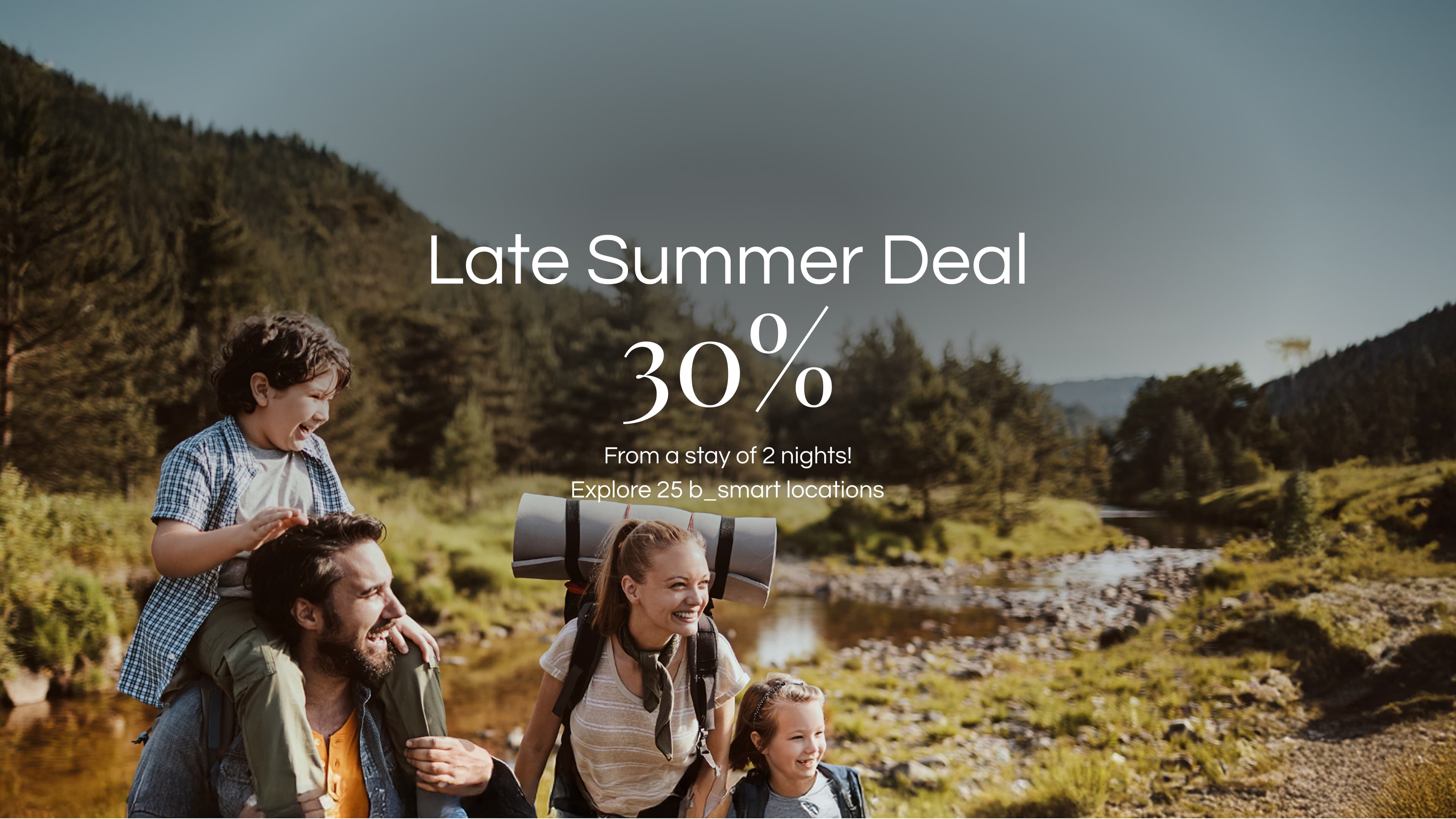 A family is walking smiling in a rural area as text about a late summer deal with 30 percent off appears.